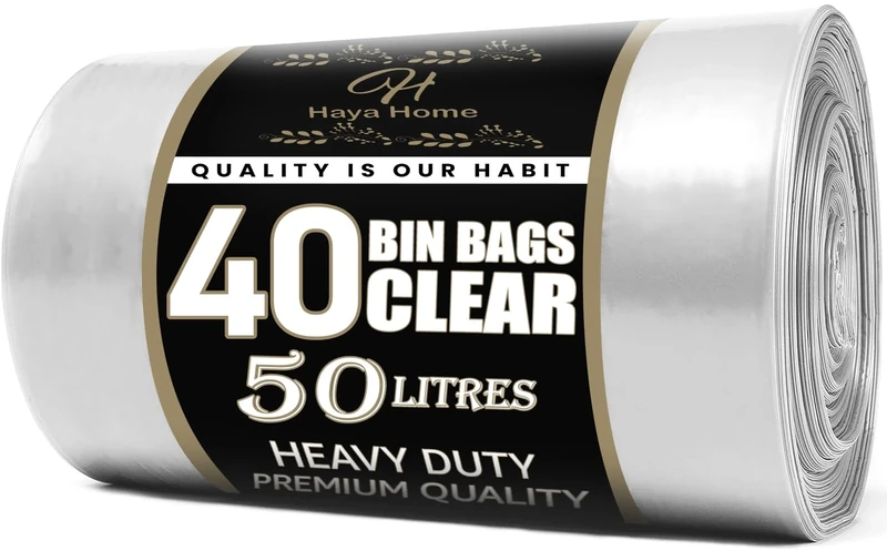 Haya Home 50L litre 40 Large & Tough Clear Recycling Bags Transparent Recycling Bin Bags, Rubbish Bags and Refuse Sacks 120 Gauge Bin Liners Heavy Duty Bin Bags Large Waste Bags 100% Recycled Material