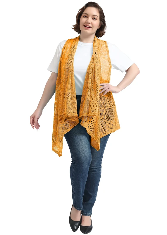 Anna-Kaci Women's Plus Size Bohemian Draped Open Front Hippie Crochet Bikini Cover Up Sleeveless Shawl Cardigan Vest, Yellow, Large/X-Large