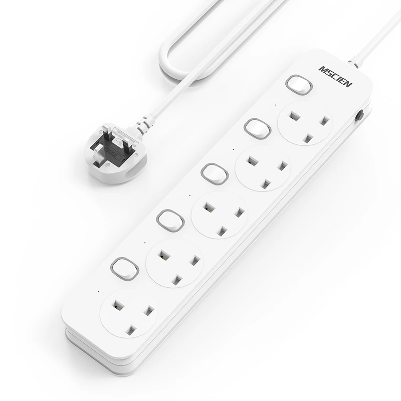 Mscien 5M Extension Lead 5 Way Plug Sockets with Individual Switches, Overload/Surge Protection Wall Mountable Long Power Strip 5Metre Extension Cable 13A/3250W