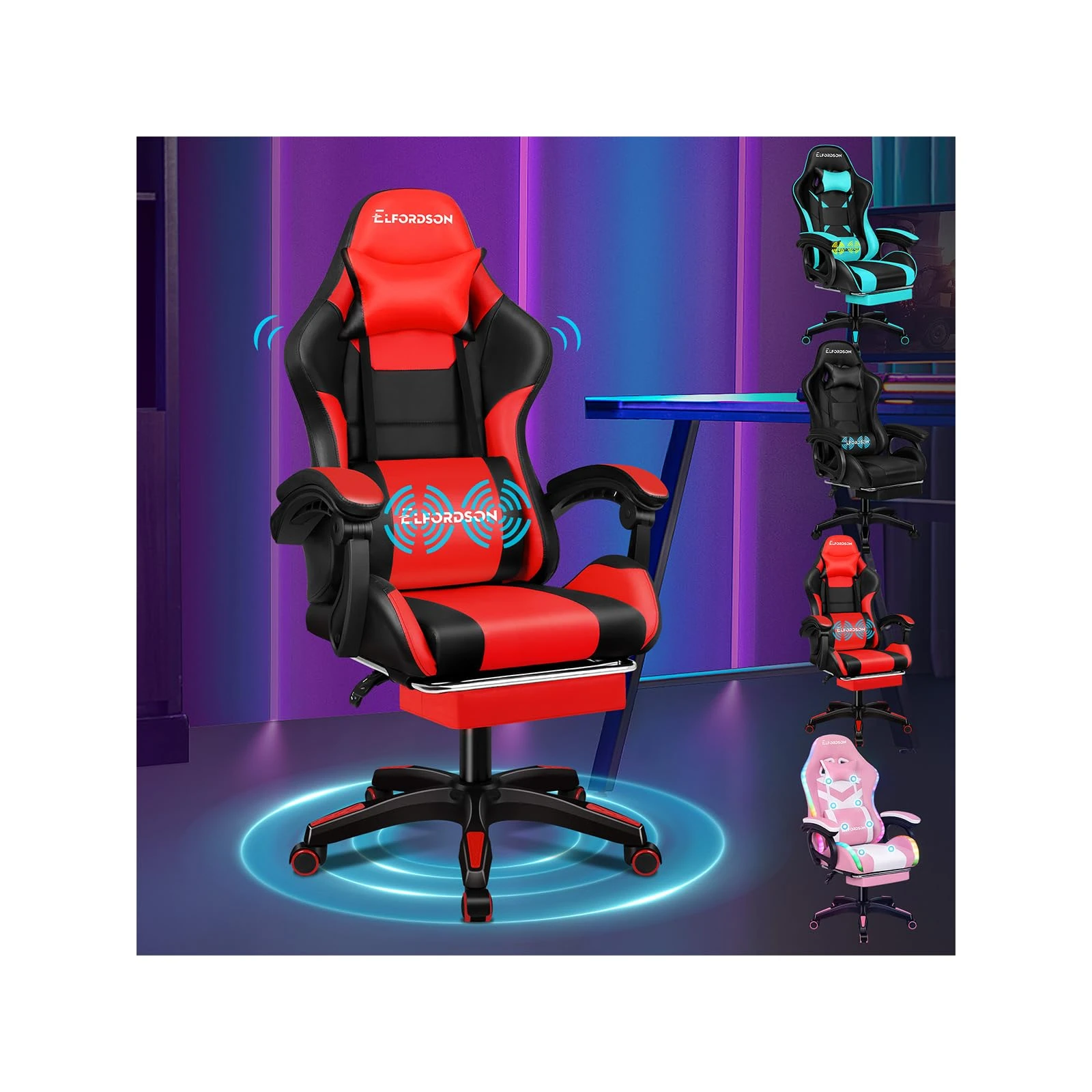 ELFORDSON 2-point Massage Gaming Chair with XL Lumbar Cushion Headrest Footrest, Comfy Computer Office Chairs Tall Back Heavy Duty for Home Office, Red & Black