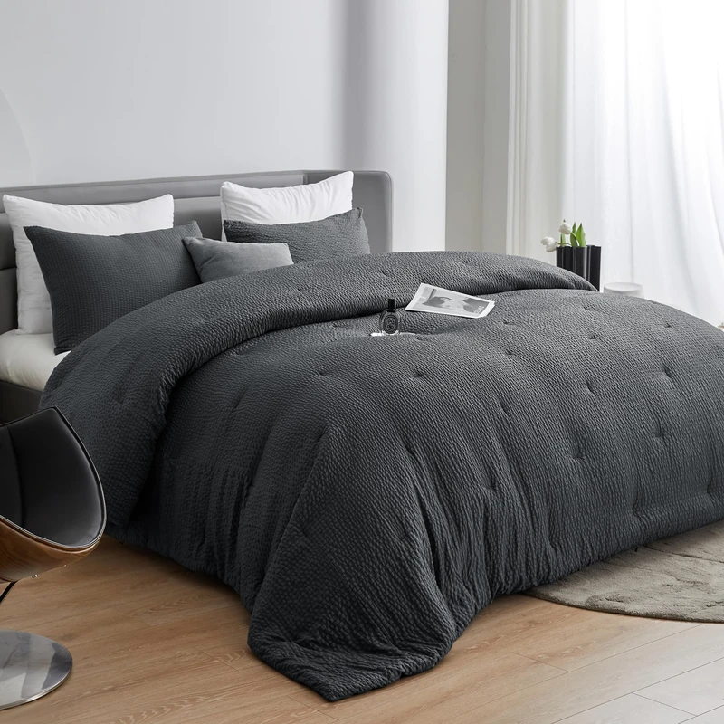 HOMBYS 3 Piece Seersucker Oversized King Comforter Set 128 x 128, Breathable Grey Soft Comforter Set, Lightweight Bedding Comforter Sets with Comforter for All Season