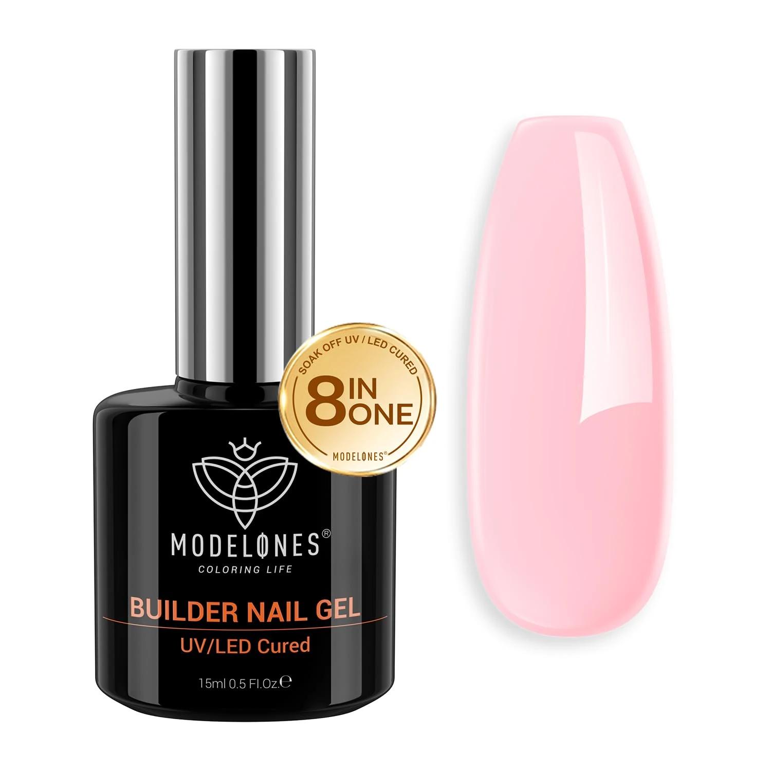 Modelones 8-in-ONE Pink Gel Builder for Nails, Hard Gel Strengthener & Color Base in a 15ML Bottle