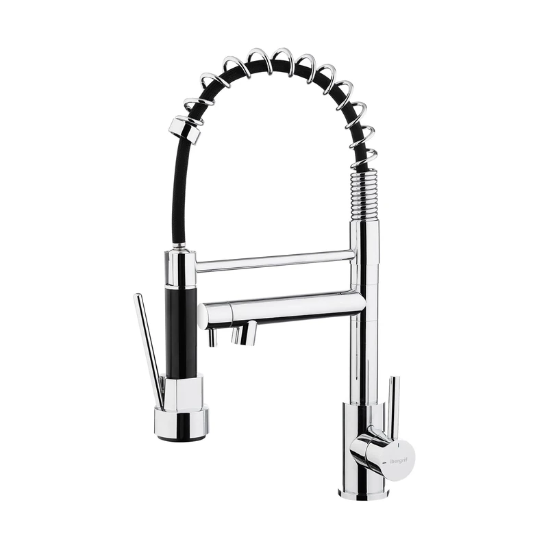 Ibergrif Spring Kitchen Sink Mixer Tap with Pull Out Sprayer, Single Handle Dual Lever with Dual Spout, High Arc 360° Swivel, Chrome M22144