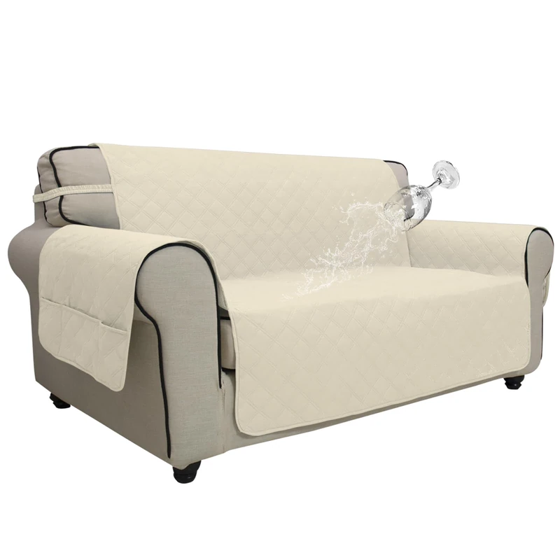Easy-Going Waterproof Oversized Loveseat Covers Leakproof Couch Cover for 2 Cushion Couch Sofa Cover Washable Sofa Slipcover Non-Slip Furniture Protector with Pocket for Pets (Medium-XL, Ivory)
