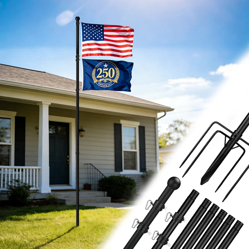 Acostop 10 FT Heavy Duty Flag Poles in Ground with 5 Prongs Base - Extra Thick Flag Pole Kit for Yard, Fit for 2 Flags, Windproof Ground FlagPoles for Residential Small Medium Lawns Temporary Event