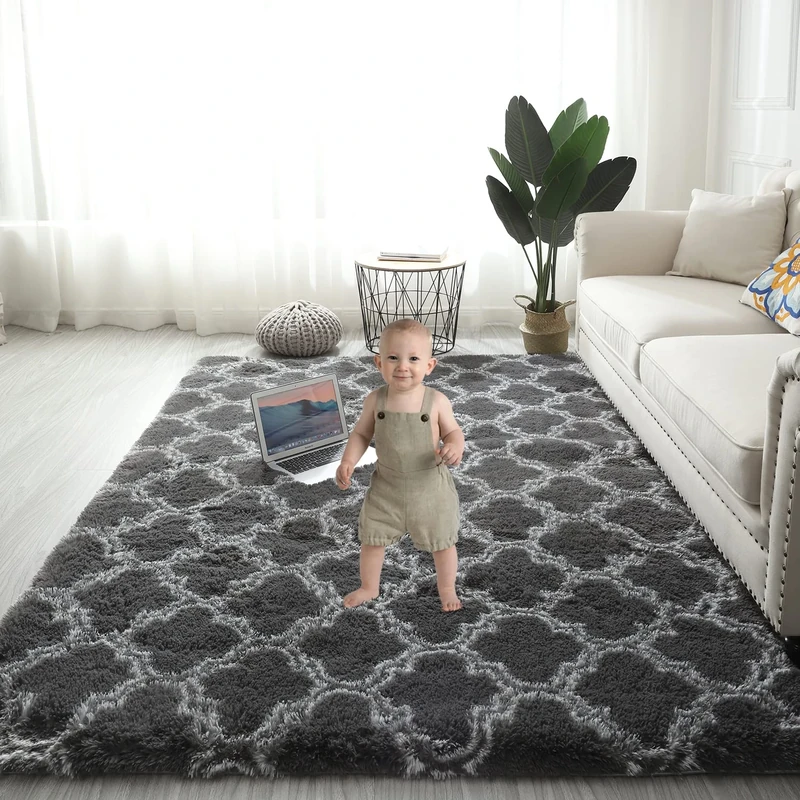 Gsogcax Rugs Living Room 6.56'x9.84' Super Soft Fluffy Area Rugs for Bedroom Shaggy Anti-Skid Comfortable Large Rugs Indoor Modern Home Decor Floor Carpet - Dark Grey&White 200x300