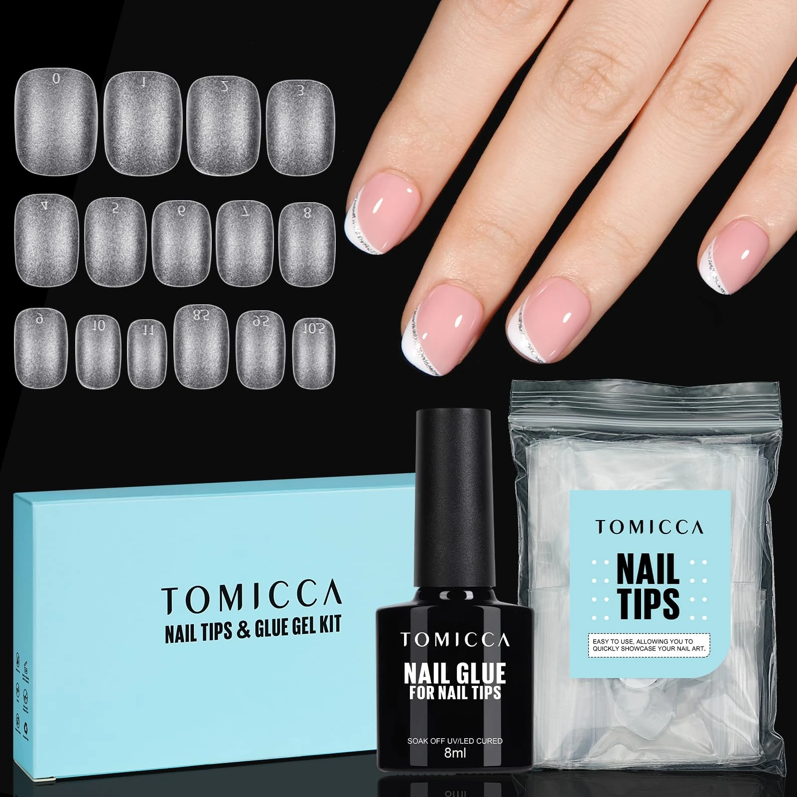 TOMICCA Nail Extension Kit - 150Pcs Extra Short Coffin Tips + Base Gel & Glue | Beginner Friendly Acrylic Set, 15 Sizes