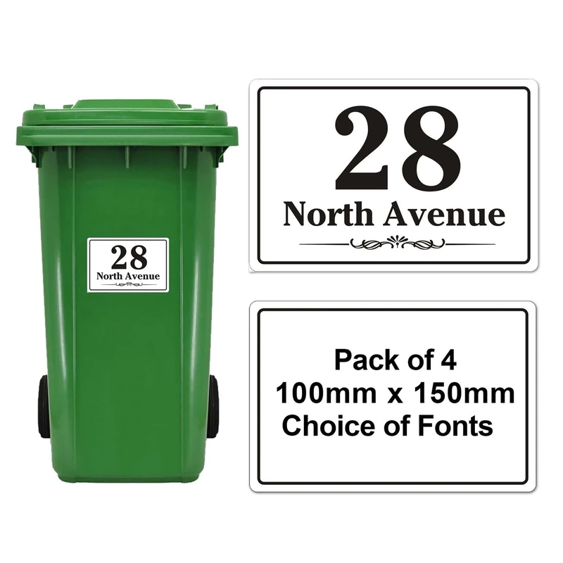 4 x Wheelie Bin Stickers Bin Numbers for Wheelie Bins Custom Wheelies Bins Numbers Stickers Personalised Number Sticker with House Number Street Name(Design 3)