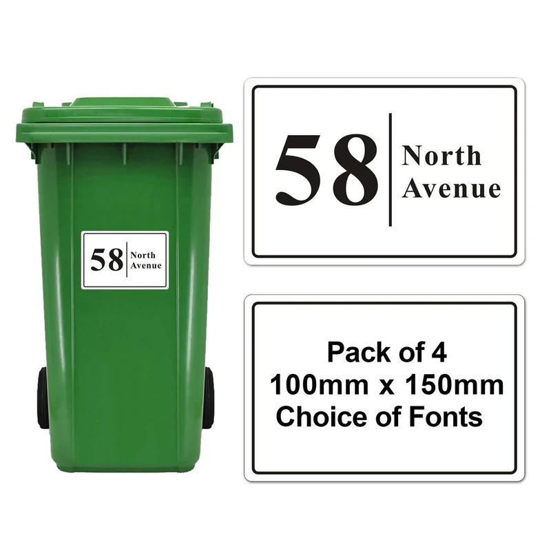 4 x Wheelie Bin Stickers Bin Numbers for Wheelie Bins Custom Wheelies Bins Numbers Stickers Personalised Bin Number Sticker with House Number Street Name(Design 1)