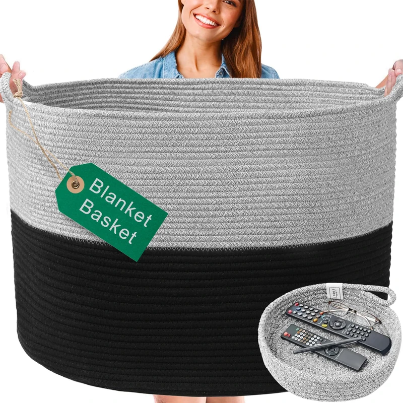 XXXXL Washable 125L Extra Large Durable Soft Blanket Basket Braided Cotton Rope Basket with Handles for Laundry Living Room Baby Toy Children's Room Storage 24 x 17 Inch (Black/Grey)