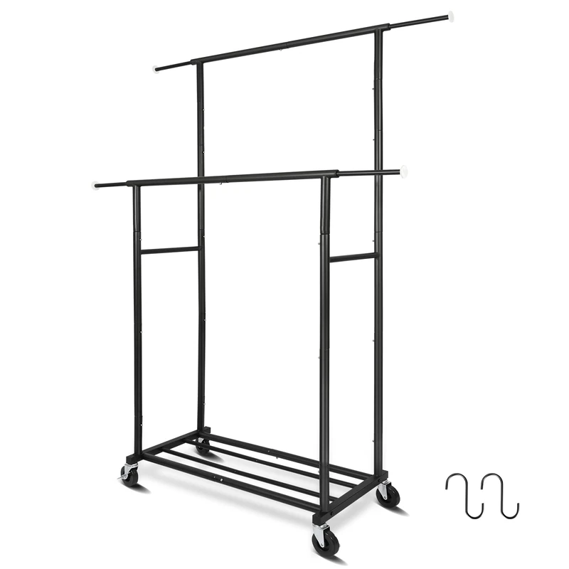 Fishat Portable Black Double Rods Garment Rack with Rolling Clothes Organizer on Lockable Wheels Mobile, 48" W x 15" D x 67" H, Metal Simple Hanging Clothes with 2 Hook