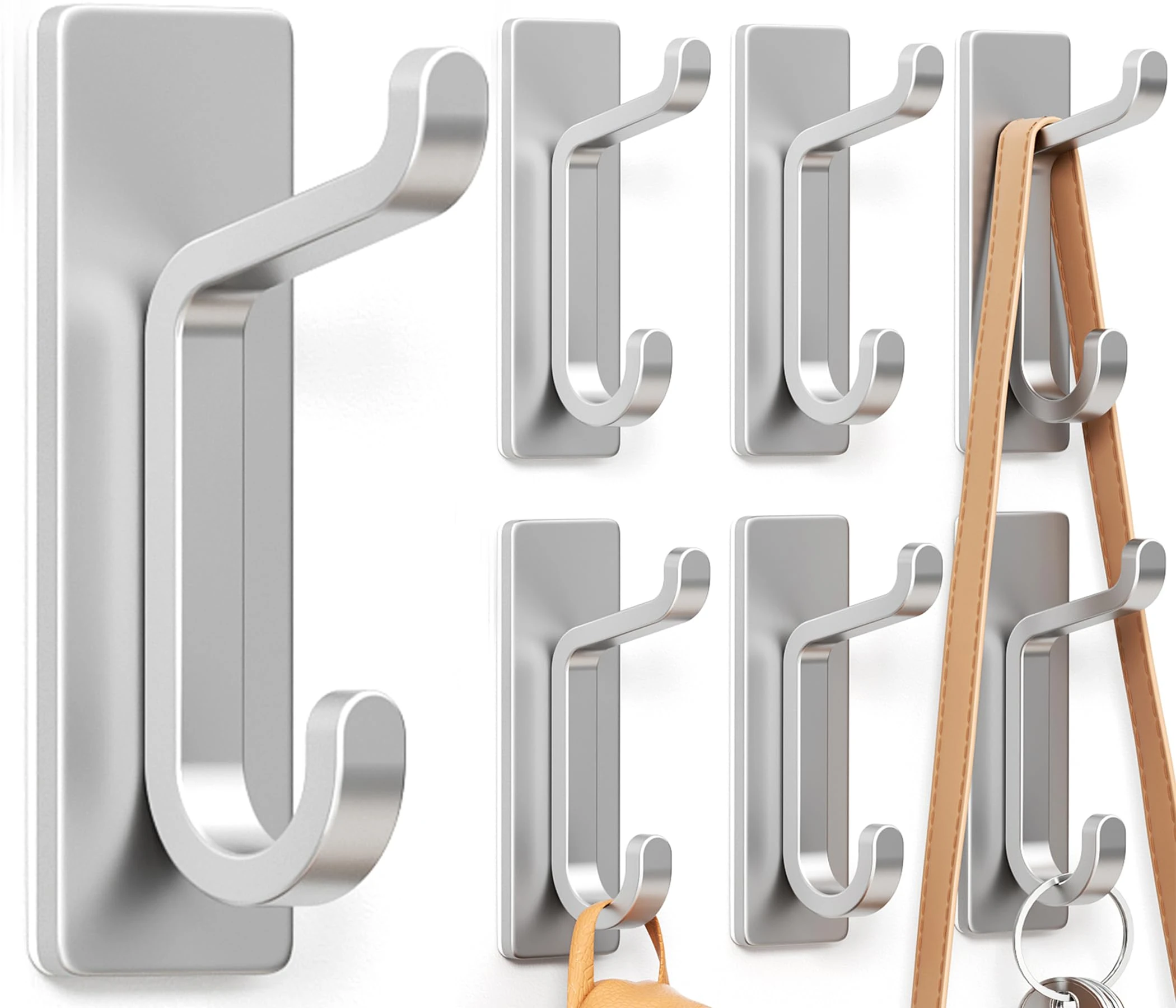 pickpiff Self Adhesive Hooks for Hanging, Extra Sticky Metal Stainless Hooks for Coat Towel Key Hat, Wall Mounted Heavy Duty, Removable Hanger for Bathroom, Kitchen, Hall, Over Door, Silver, 6 Pack