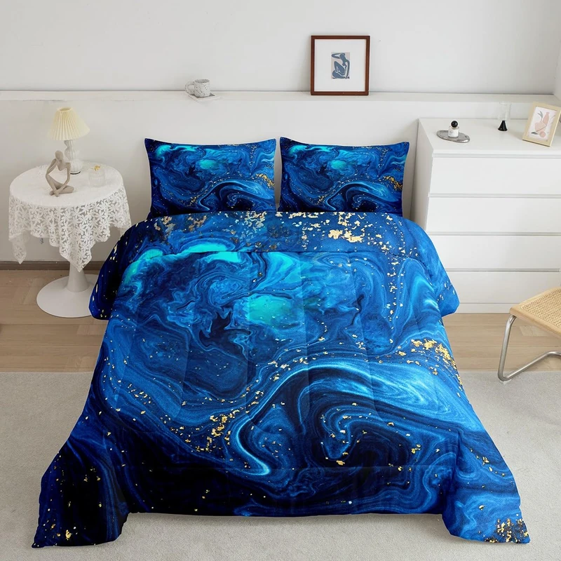 Ombre Blue Marble Bedding Set King, Black And Blue Marble Comforter Set for Boys Girls Teens Adult, Abstract Ocean Wave Fluid Duvet Set with Golden Sequins, Modern Aesthetic Liquid Quilted Comforter