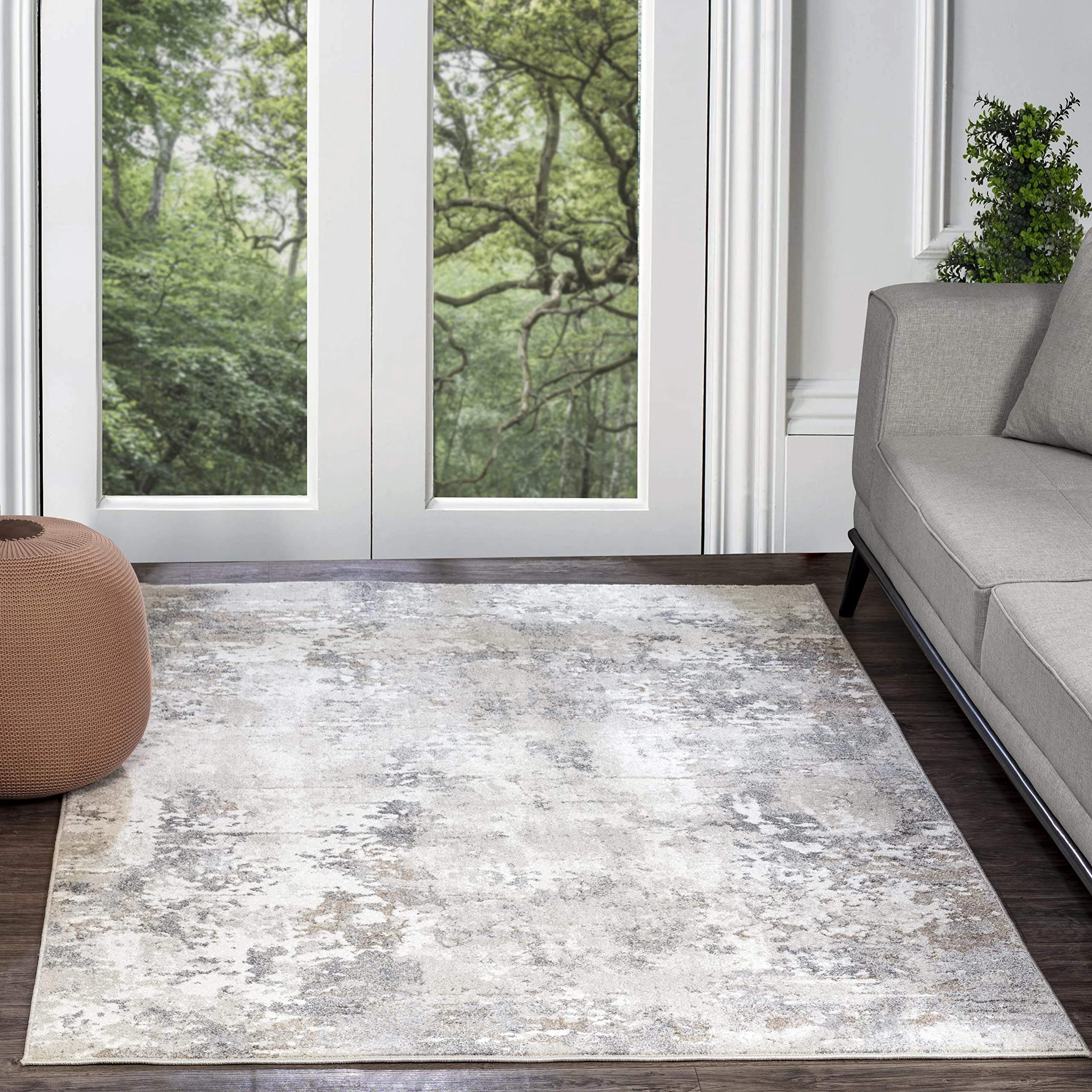 Surya Kvenvik Modern Living Room Rug - Abstract Design in Marble Look, 200 x 275 cm, Soft Short Pile in Grey, Ivory, Beige