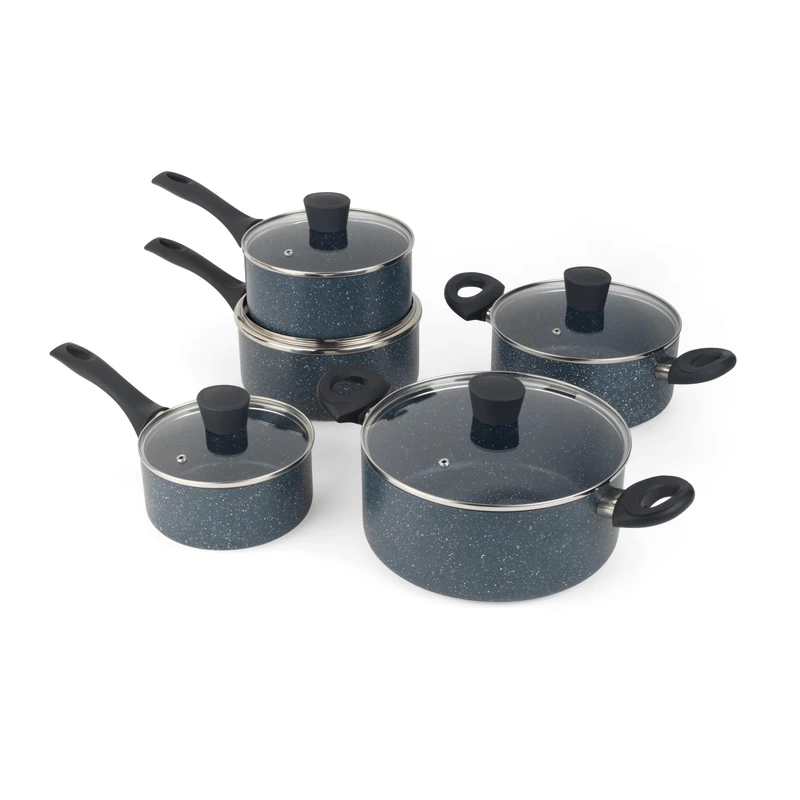 Russell Hobbs RH02818EU7 Pan Set - 5 Piece Non-Stick Kitchen Cookware, 16/18/20cm Saucepans, 20/24cm Stockpots, Tempered Glass Lids, Soft-Touch Handles, Easy Clean, Blue Marble, Nightfall Stone