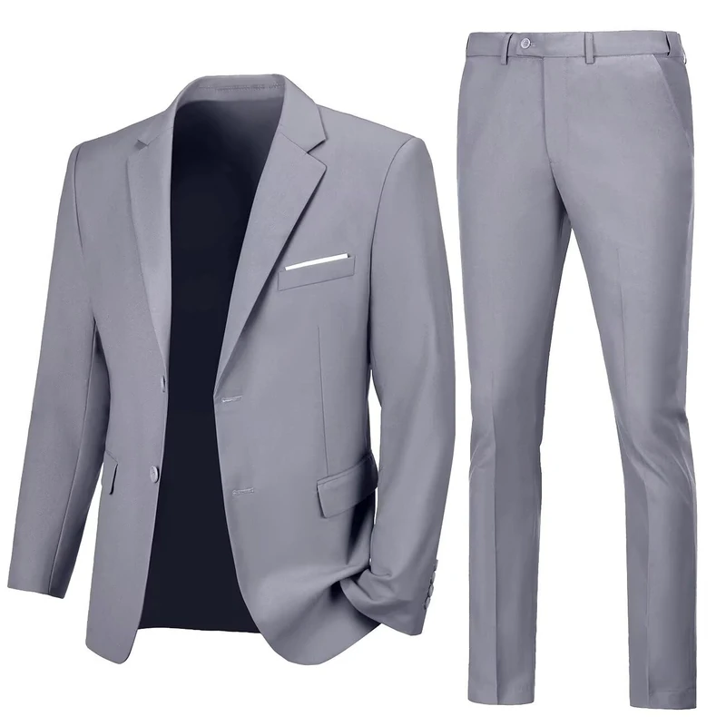 Lynerun Mens Slim Fit 2 Piece Suit Two Button Notched Lapel Solid Suit Jacket Pants Set Tuxedo for Prom, Light Grey, S
