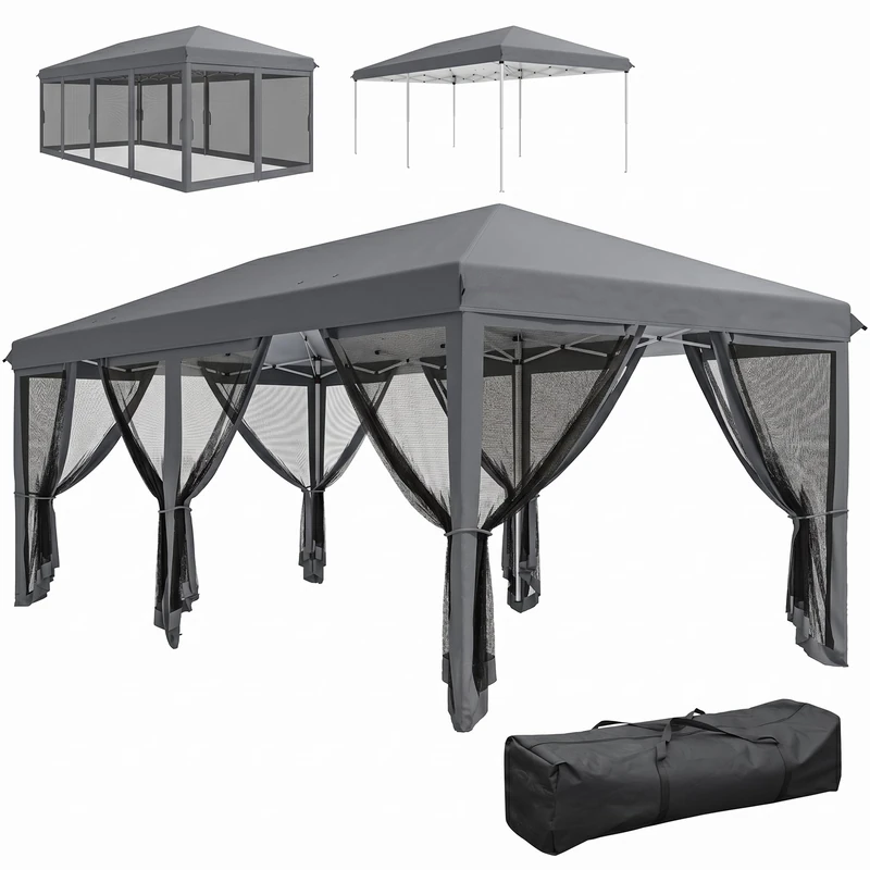 Outsunny 3 x 6m Pop Up Gazebo, Outdoor Canopy Shelter, Marquee Party Wedding Tent with 6 Mesh Walls and Carry Bag, Grey