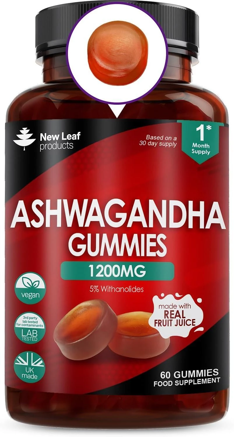 Ashwagandha Gummies 1200mg – High Strength 5% Withanolides - Real Fruit Juice, No Artificial Colours or Flavours – Pure Ashwagandha Root Extract, 60 Vegan Gummys, Gluten Free, UK Made by New Leaf