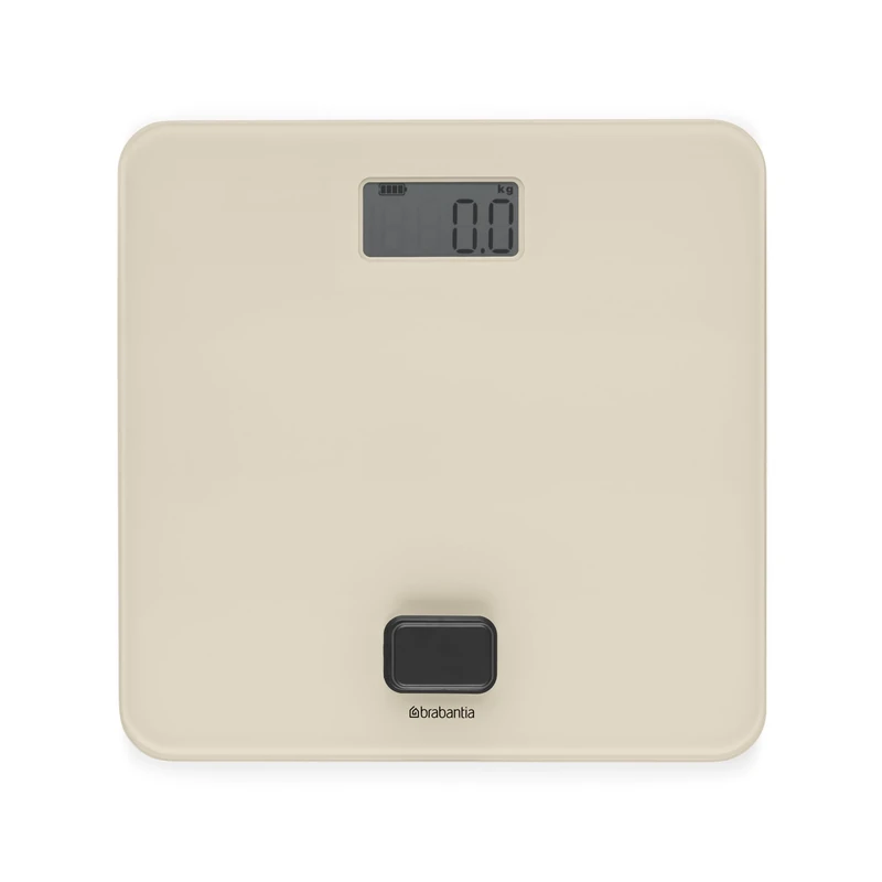 Brabantia - ReNew Bathroom Scale - Battery Free - Weighting Scale weighs up to 330 lb - Accurate System - Non-Slip Protective Caps - LED Display - Glass Surface - Soft Beige - 30 x 30 cm