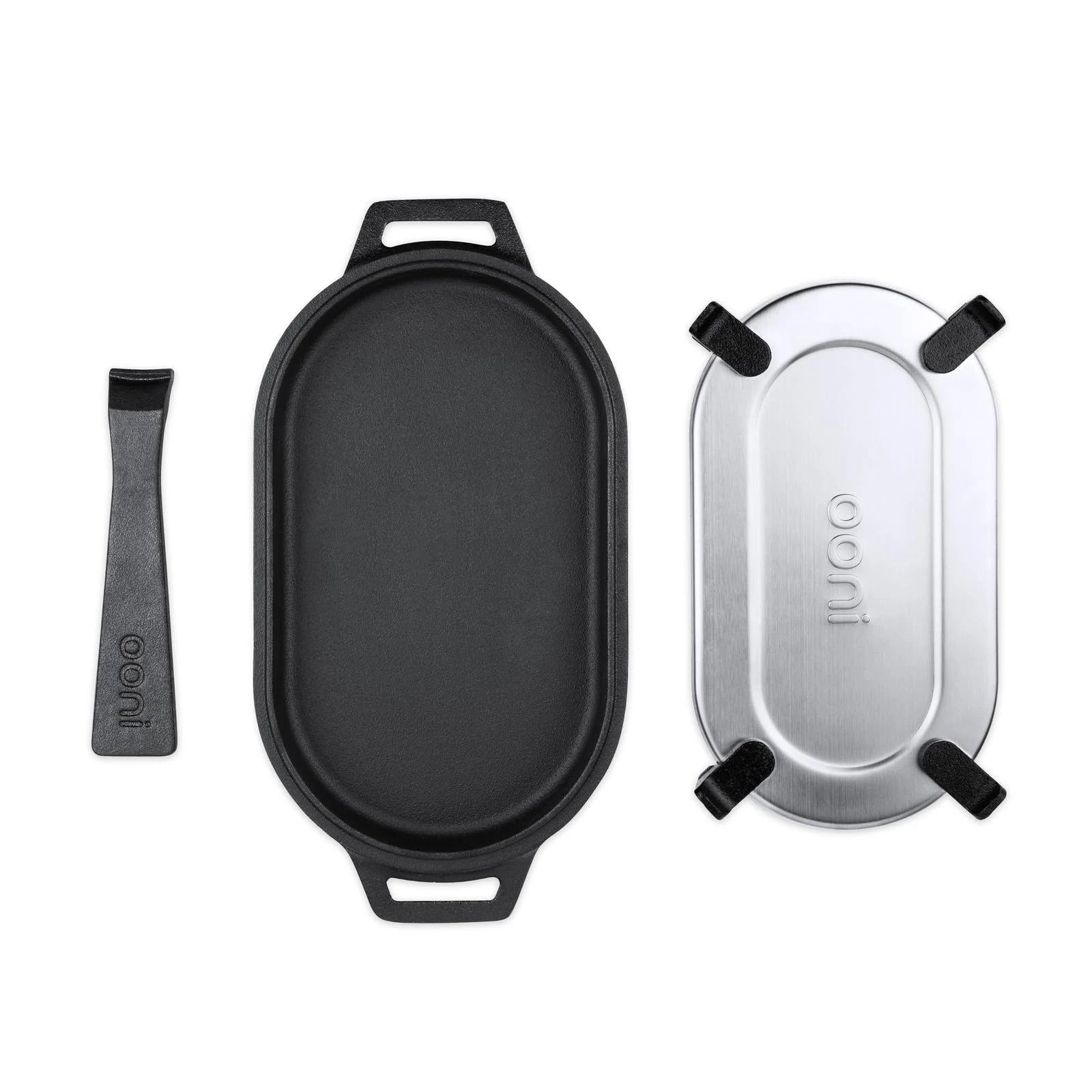 ooni Cast Iron Sizzler Pan - Griddle Frying Pan, 31 cm x 16 cm Sizzler Plate with Removable Handle and Stainless Steel Trivet, Pre-Seasoned Non-Stick Oven Safe Cookware, Pizza Oven and BBQ Accessories