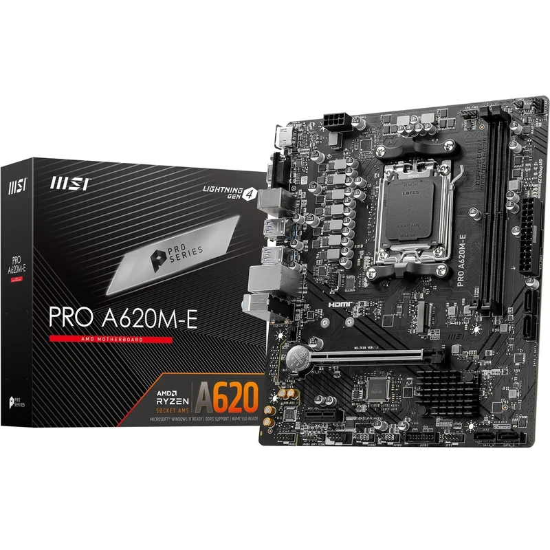 MSI PRO A620M-E Motherboard, Micro-ATX - Supports AMD Ryzen 9000/8000 / 7000 Series Processors, AM5 - DDR5 Memory Boost 6400+MHz/OC, 1 x PCIe 4.0 x16, 1 x M.2 Gen4