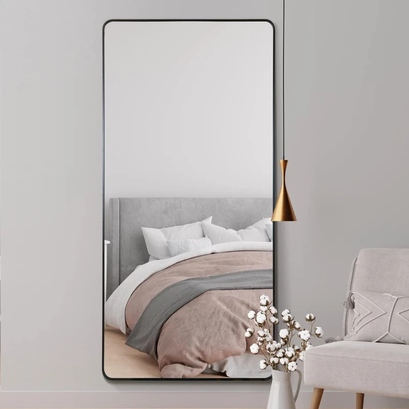MirrorOutlet The Angulis - Black Modern Aluminium Curved Edged Wall Leaner Mirror 68" X 33" (174CM X 85CM) Silver Mirror Glass.