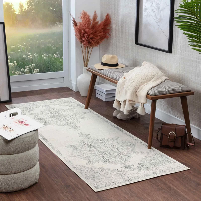 Livabliss Roma Vintage - Living Room, Dining Room, Hallway, Living Room - Boho Oriental Style, Short Pile Carpet - Colourful White, Grey 80 x 150 cm - Image 1