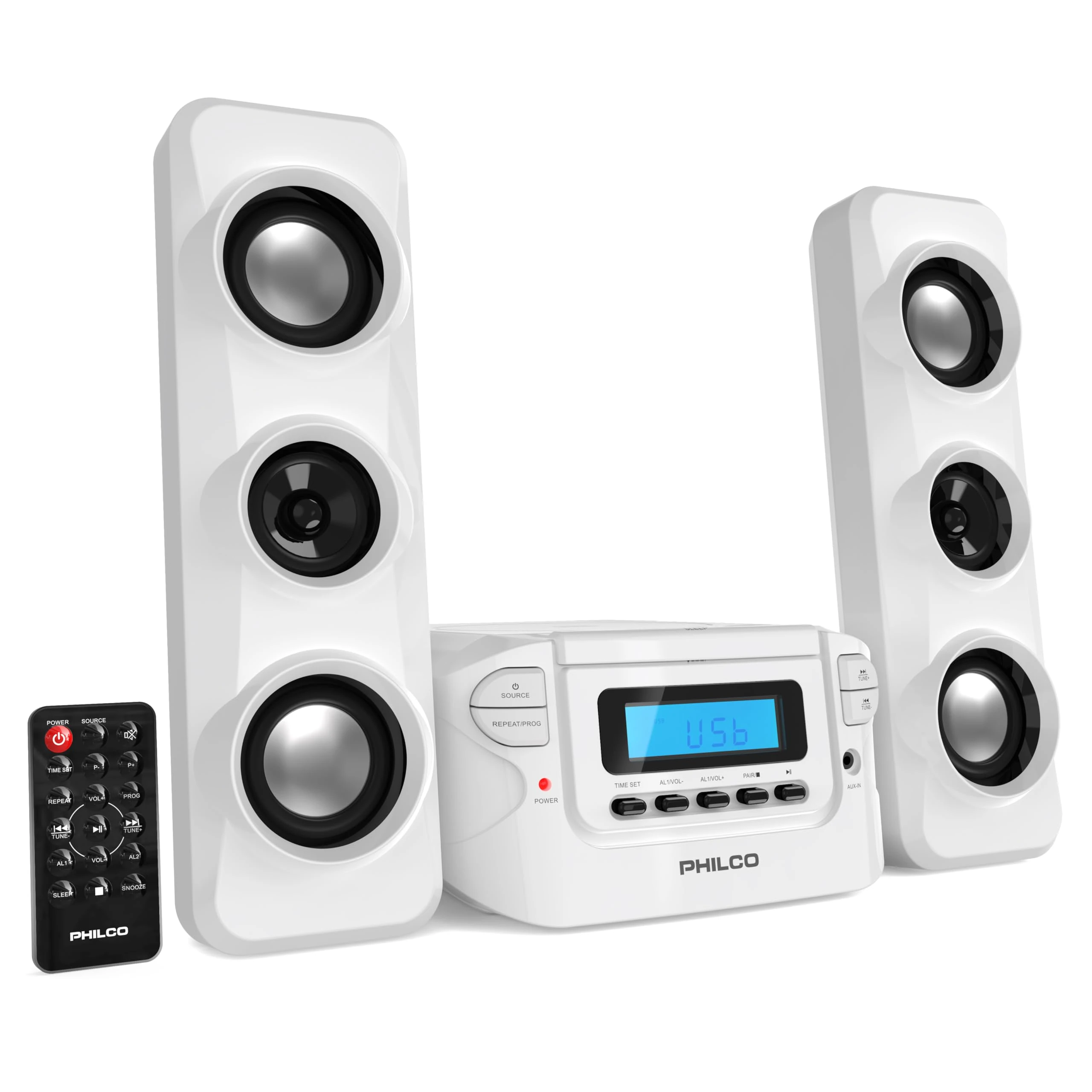 Philco Stereo Shelf Systems Compact CD Shelf System with Digital FM Stereo Radio, Bluetooth Wireless Technology, and Remote Control in White | LCD Display | MP3 & AUX Port Compatible | USB Playback