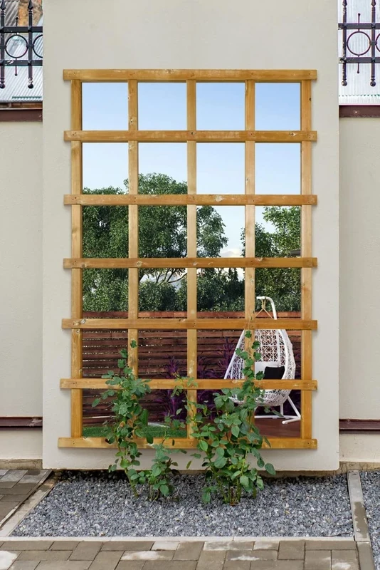 MIRROROUTLET The Trellis - Outside Scandinavian Redwood Garden Wall Fence Mirror 71" X 47" (179.5CM X 119.5CM) Mirror Glass with Wood Trellis Outer. Exclusive, Brown