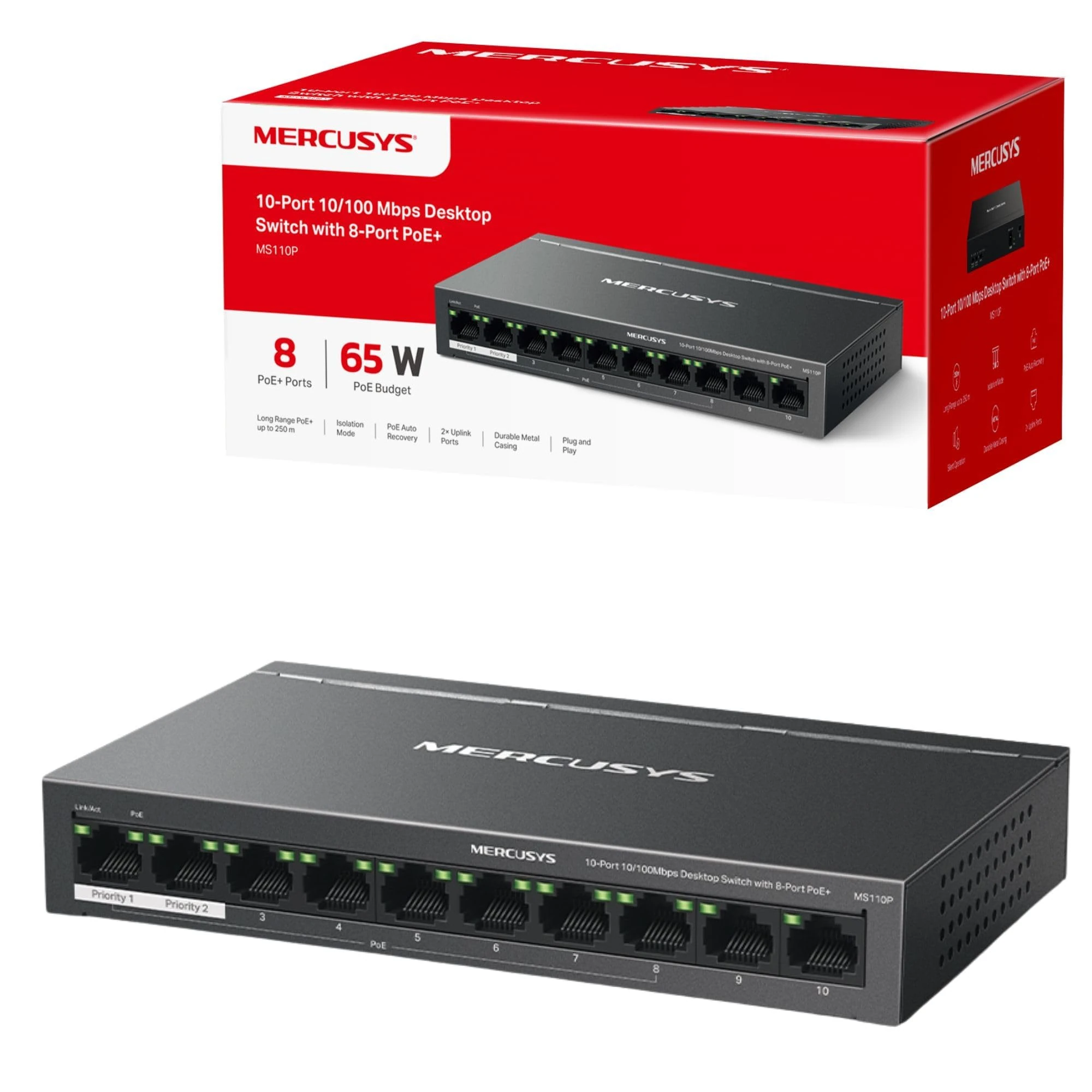 MERCUSYS 10-Port 10/100Mbps Desktop Switch with 8-Port PoE+, PoE Power Budget 65W, compatible with 802.3af/at PDs, Power management, metal case, Plug & Play, No Configuration Required (MS110P)
