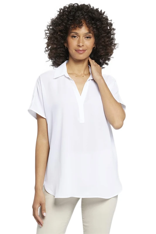 NYDJ Women's Short Sleeve Becky Blouse, Optic White, L
