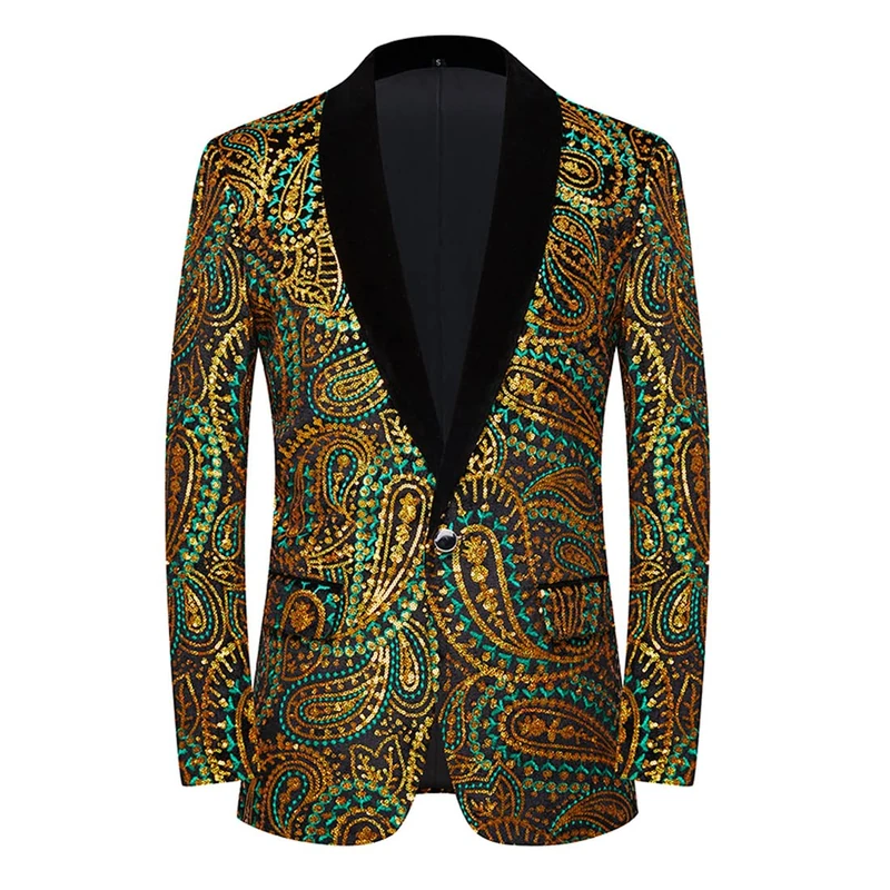 PYJTRL Men's Shiny Sequins Suit Jacket Classic Floral Suit Jacket Fashion, Suitable for Parties, Weddings, Banquets, Proms,Green Gold,S