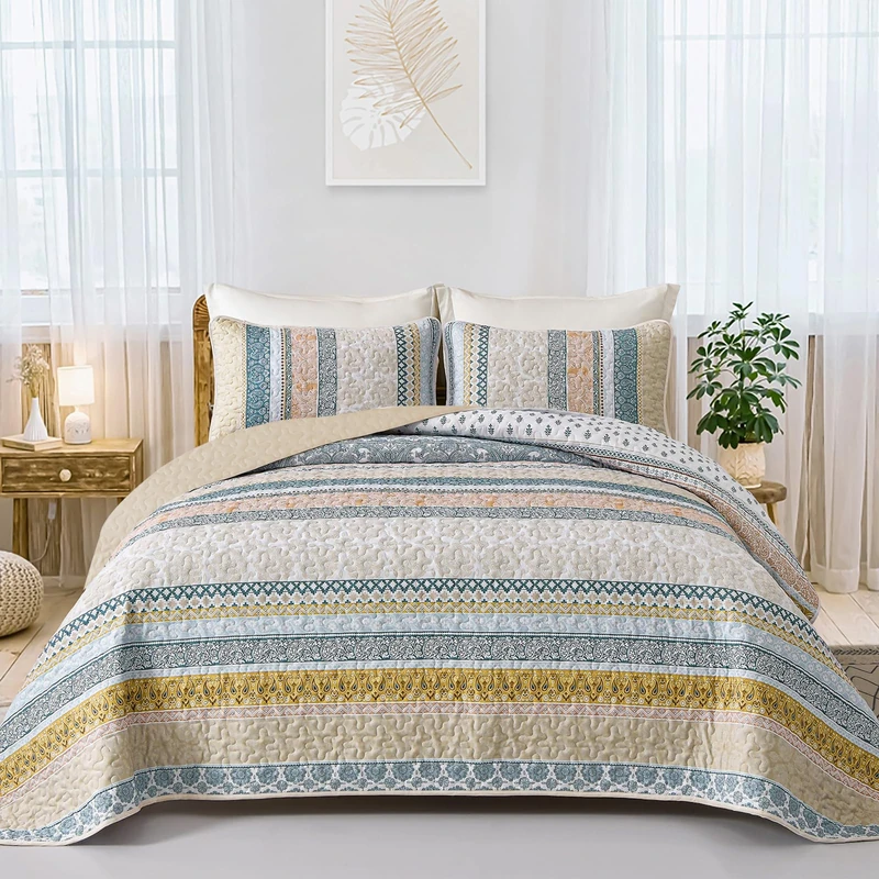 WONGS BEDDING Boho Quilt Set King Size, Yellow Bohemian 3 Pieces Fall Quilt Sets, Lightweight Bedspread Coverlet Bedding Set for All Season (104"x90")