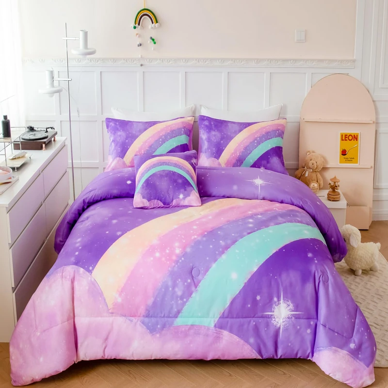ANGIYUIN 3D Colorful Rainbow Comforter Set Full, 6 Pieces Ombre Purple Pastel Bed in A Bag, Gradient Glitter Galaxy Comforter Bedding Set for Girls Teens Kids