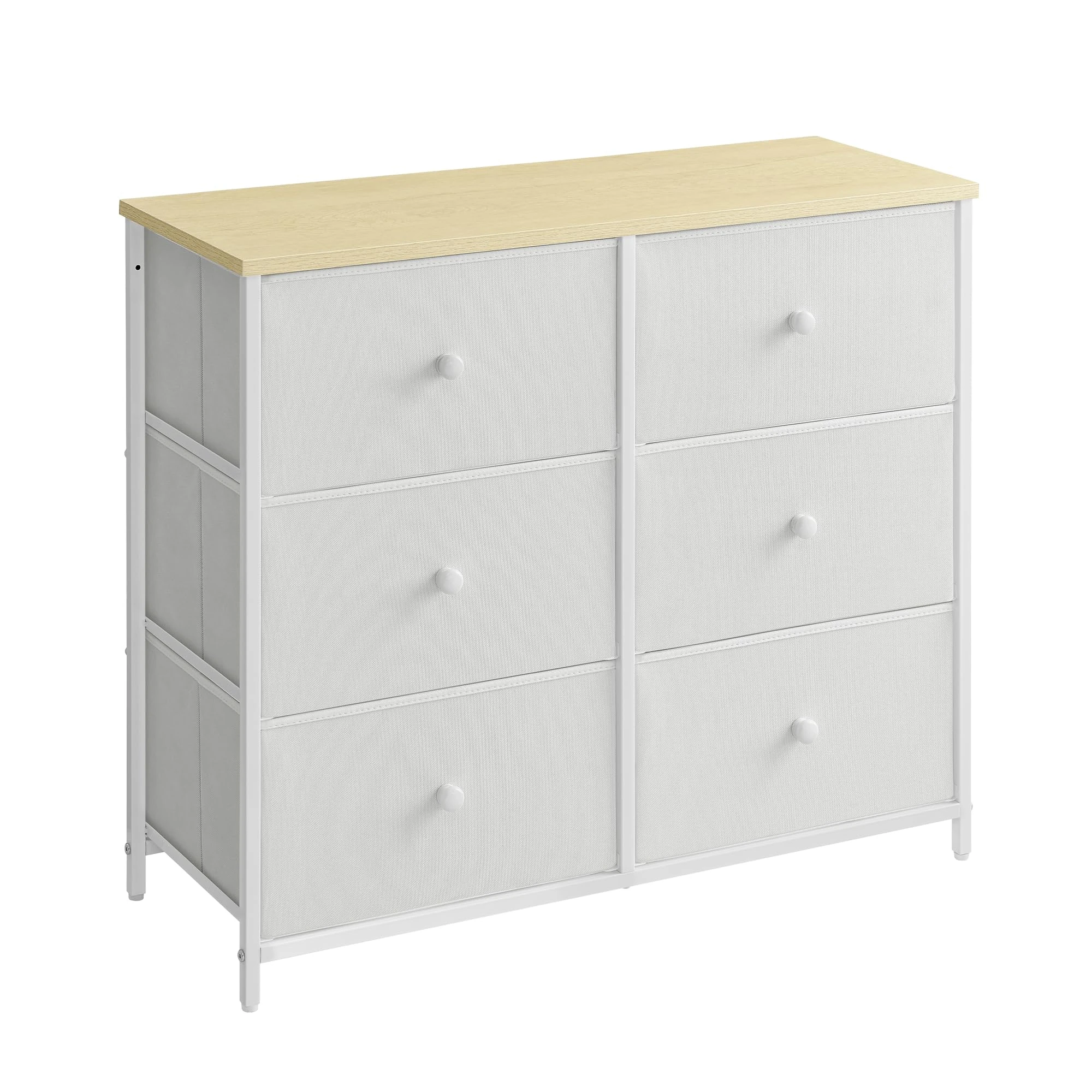 SONGMICS Chest of Drawers, 6 Fabric Drawers with Metal Frame, Storage Organiser Unit, Dresser, for Nursery, Bedroom, Hallway, White and Oak LTS323W57