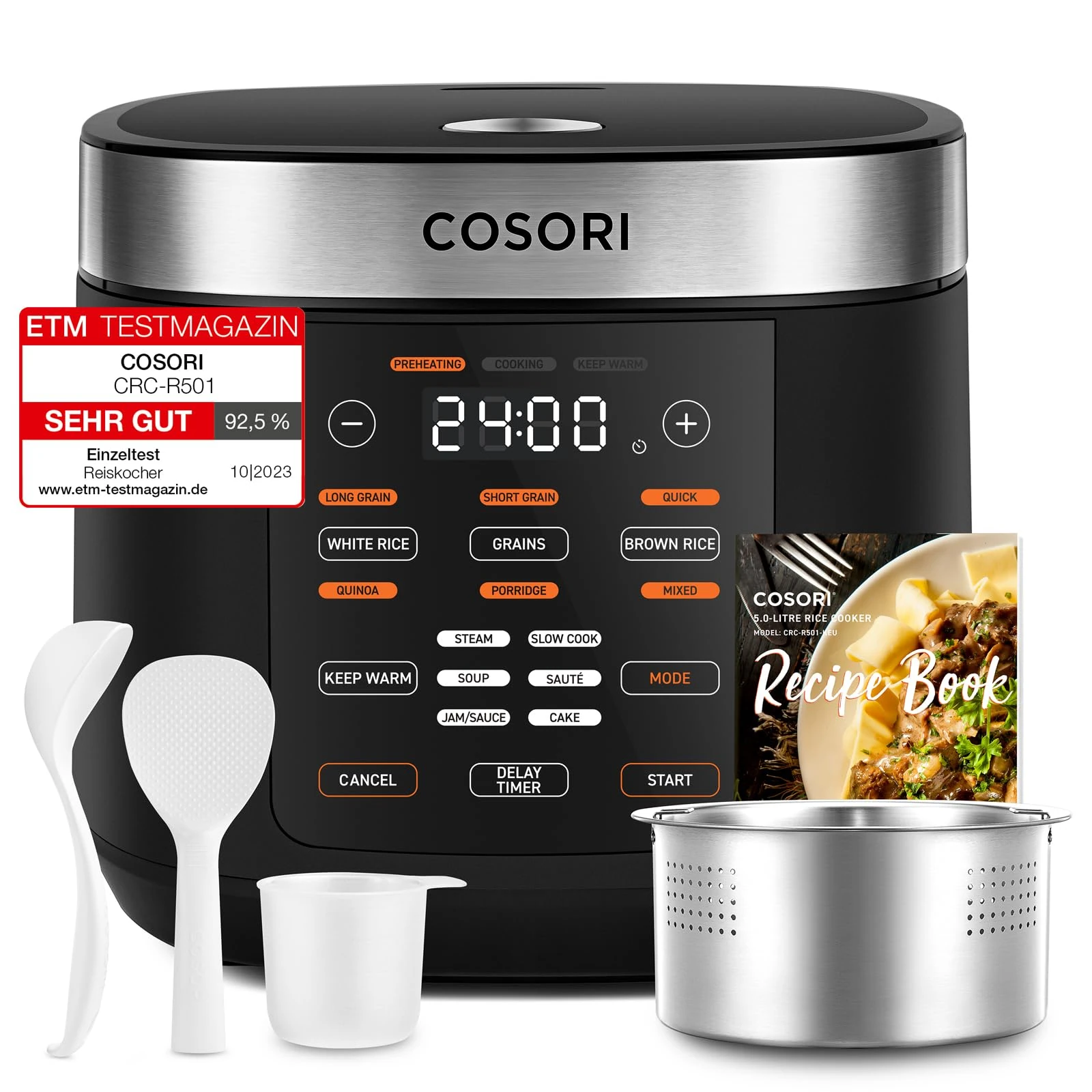 COSORI Rice Cooker, Slow Cooker & Steamer with Ceramic Coated Inner Pot and Fuzzy Logic, 50 Recipes,10 Cups, 5L Capacity, with 17 Functions, Warmer, Timer, Black