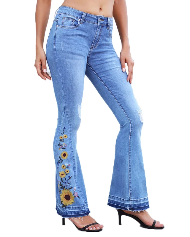 Lisskolo Bell Bottom Jeans for Women Flared Floral Embroidered Jean Wide Leg Denim Pants, Daisy, 12