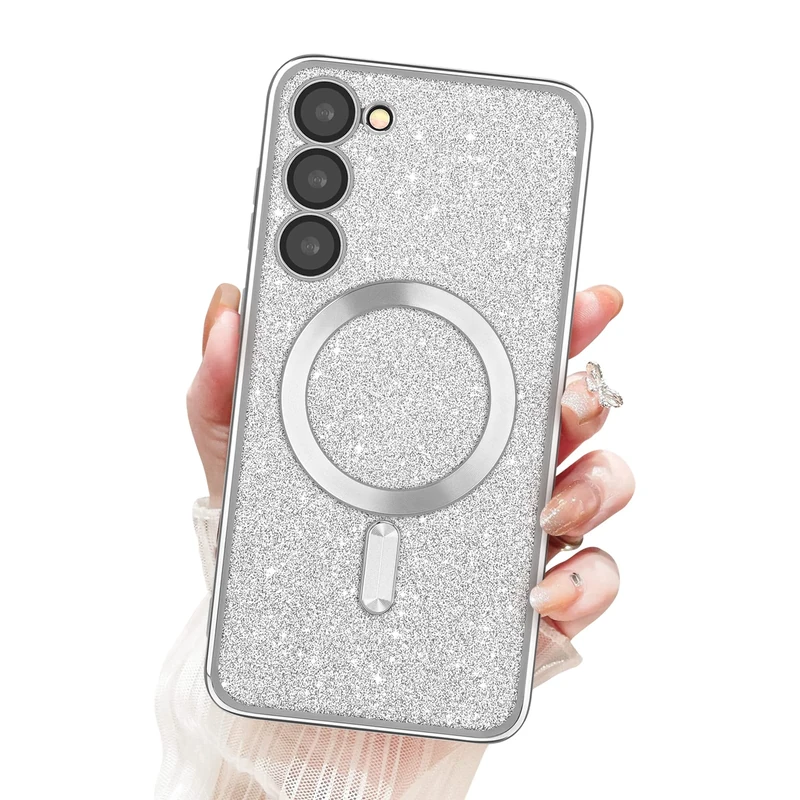 Newseego Glitter Samsung Galaxy S23 Plus Case for Girls Women [Compatible for Magsafe], Magnetic Phone Case Sparkly Bling Soft TPU Shockproof Camera Protection Bumper Cover for Samsung S23 Plus-Silver