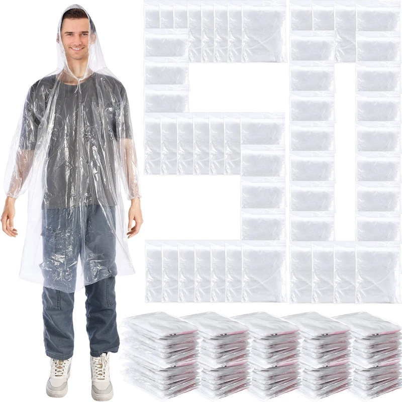Berlune 50 Pcs Disposable Rain Ponchos for Adults Thick Disposable Ponchos Bulk with Hood Emergency Ponchos Raincoats for Camping Themed Park, Clear
