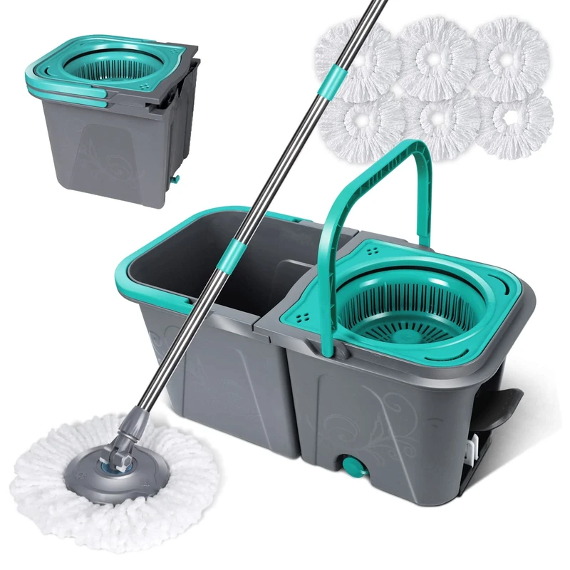 Masthome Spin Mop and Bucket Set, Microfibre Mop and Buckets Sets with 132cm Telescopic Handle & 6pcs Mop Pads, Space-Saving Folding Bucket with 2 Compartments, 360° Rotating Floor Mop