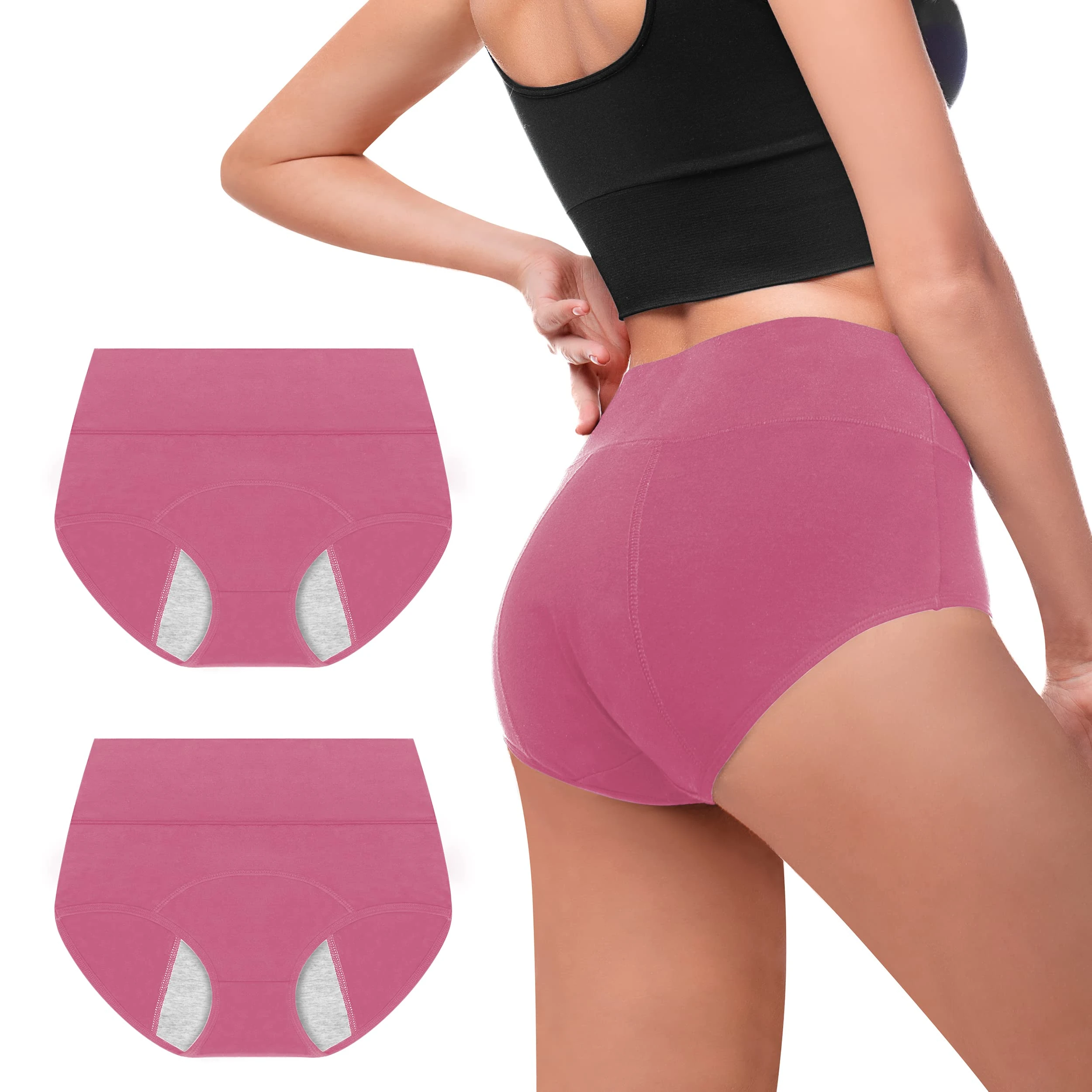 Walifrey Period Pants, Menstrual Underwear for Women, Cotton Knickers Multipack with Leakproof Crotch for Heavy Flow Extra Protection S 2pack Deep Pink