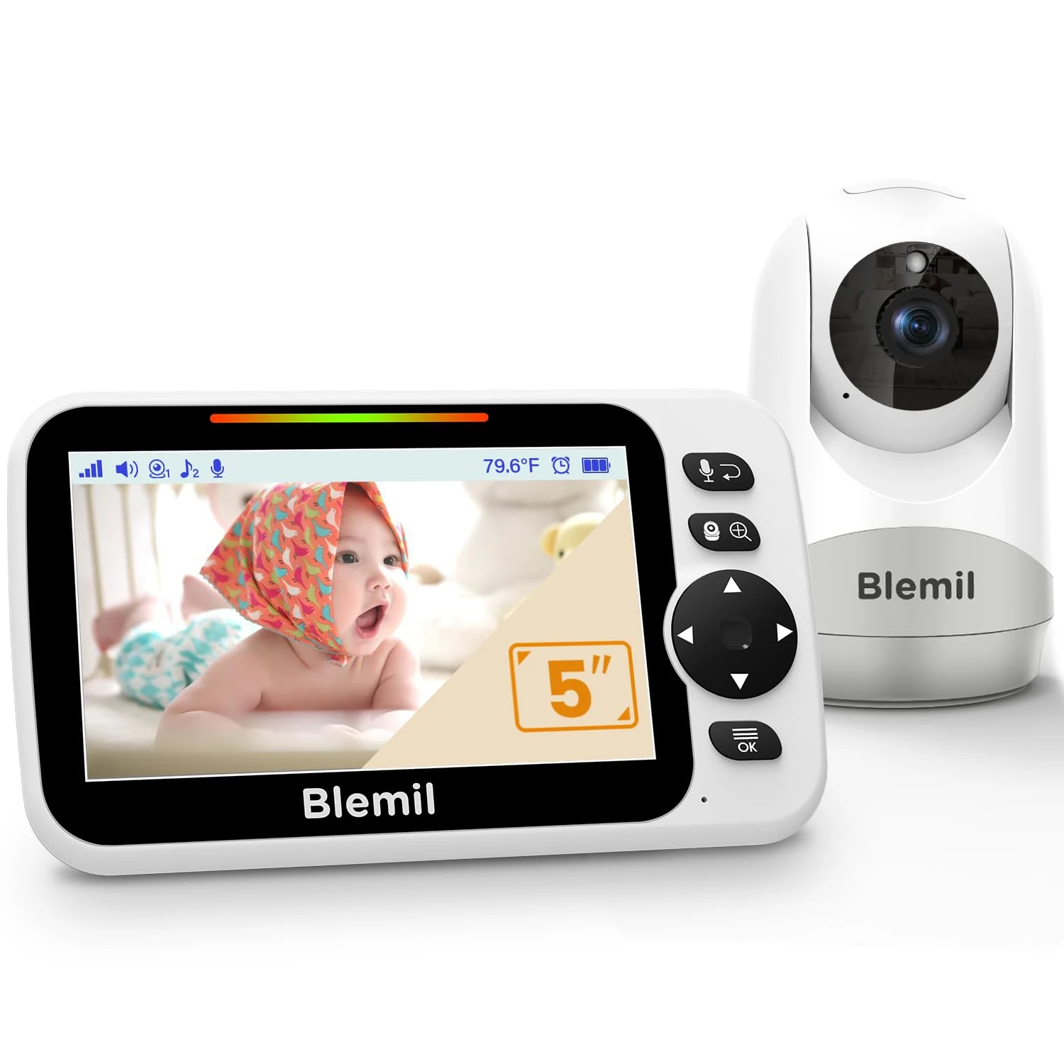 Blemil 5" Split-Screen Baby Monitor with 30-Hour Battery, Large Video Baby Monitor with Camera and Night Vision, Remote Pan/Tilt/Zoom Camera, Two-Way Talk, Lullabies, No WiFi,Up to 1000ft