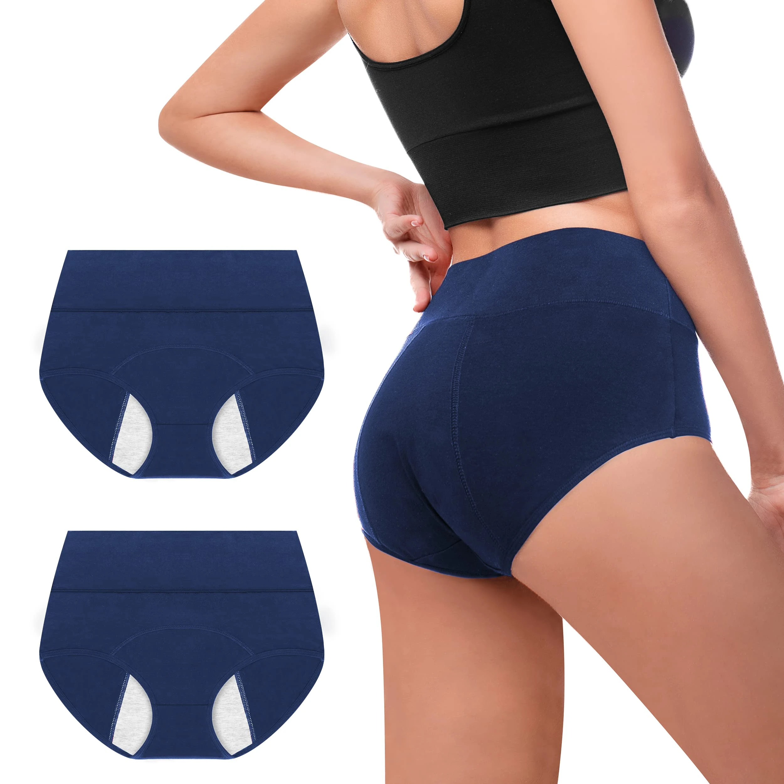 Walifrey Period Pants, Menstrual Underwear for Women, Cotton Knickers Multipack with Leakproof Crotch for Heavy Flow Extra Protection S 2pack Navy Blue