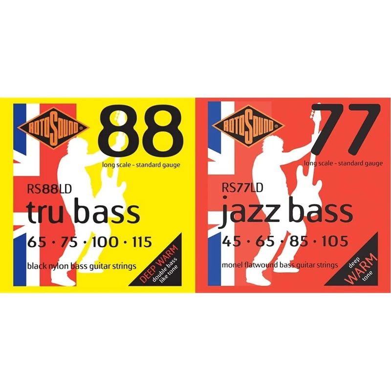Rotosound RS88LD Black Nylon Standard Gauge Flatwound Bass Strings (65 75 100 115) & Monel Standard Gauge Flatwound Bass Strings (45 65 85 105), RS77LD