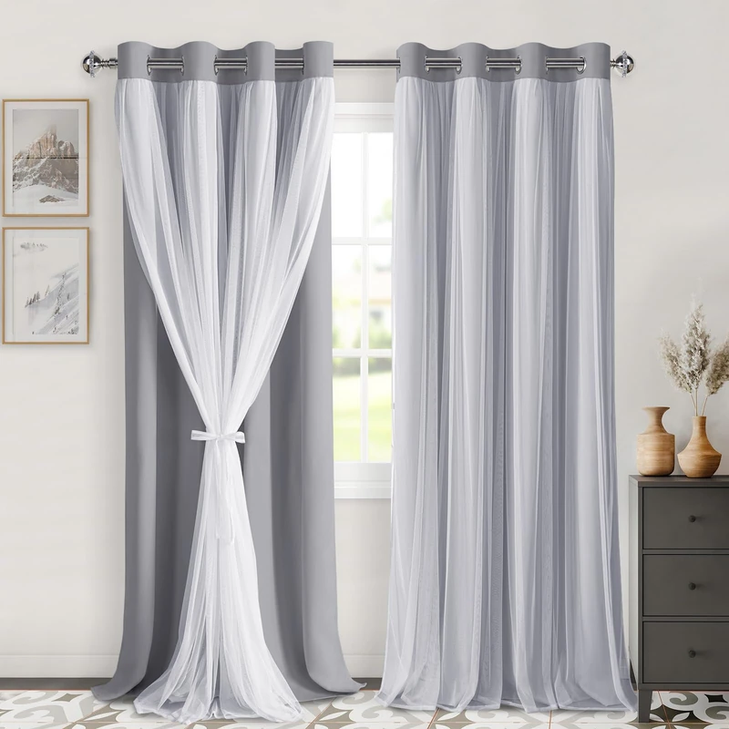 DWCN Black Out and Layered Curtains for Living Room Sheer Curtains with Tiebacks Grommet Top Window Curtain Panels with Sheer Overlay for Bedroom, 52 W by 96 L, Grey, 2 Pieces