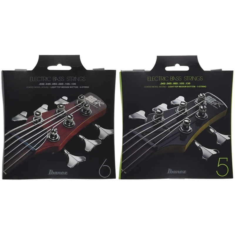 Ibanez IEBS6C 6-String Nickel Bass Guitar Strings - Light Top Medium Bottom, Silver & IEBS5C 5-String Bass Guitar Strings - Light Top Medium Bottom, Silver