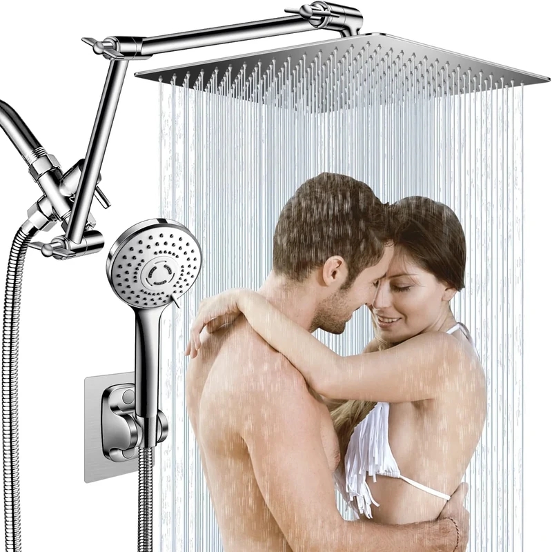 12'' Rain Shower Head Combo with 16'' Flexible Adjustment Arm, High Pressure Rainfall and 5 Setting Handheld Spray, Anti-Leak (Chrome)