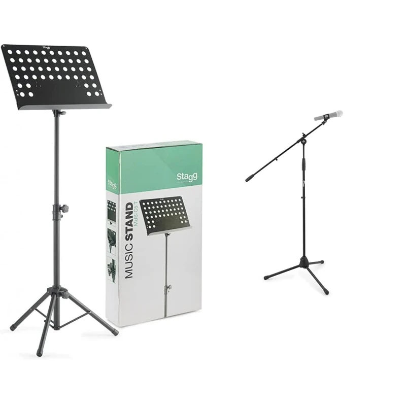 STAGG Music Stand - Black & Tiger MCA68-BK Microphone Boom Stand, Mic Stand with Free Mic Clip - Black