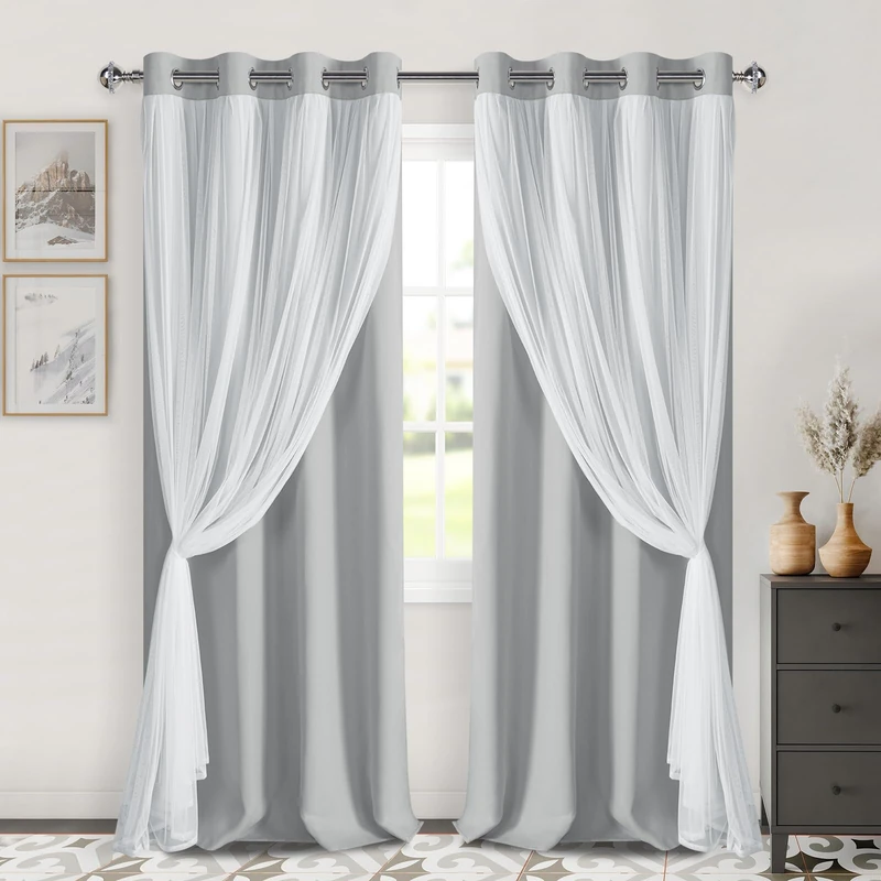 DWCN Blackout Curtains with Sheer Overlay 96 Inch Long, Cloud Grey, 2 PCS