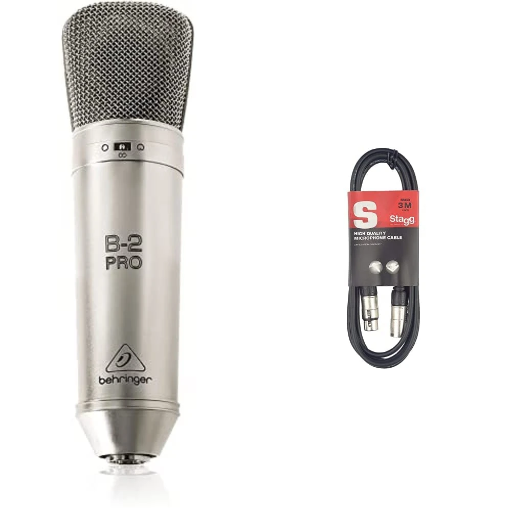 Behringer B-2 PRO Dual Diaphragm Studio Condenser Microphone & Stagg 3M / 10ft XLR to XLR Cable, 3-Pin Male to Female, Suitable for Microphone, PA System, Audio Mixer, Studio Monitors, Audio Recording